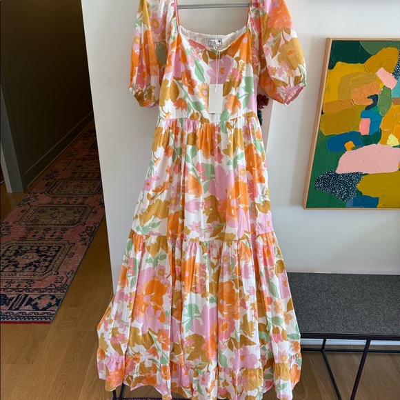 MILLE Manon Floral Cotton Tiered Maxi Dress Puff Sleeve Smocked Med- NWT - Picture 7 of 8